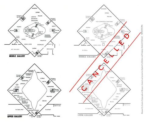 Illustration. Two maps show two levels of exhibition space. The top image of both pairs is labelled “Middle Gallery”, and the lower of the pair “Upper Gallery”. The pair of floor plans to our right has a banner with red text reading “Cancelled” in all caps.