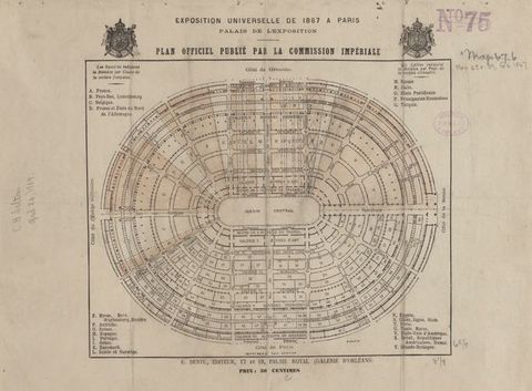 Plan. An oval floor plan has concentric rings around radiating hallways or walkways. The rooms are numbered, and a legend appears in the corners outside the floorplan.